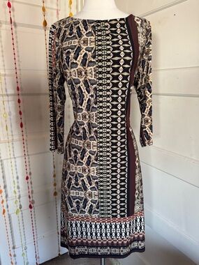 Nine West Printed Sheath Dress Size 14 Boho Tribal 3/4 Sleeve Stretch